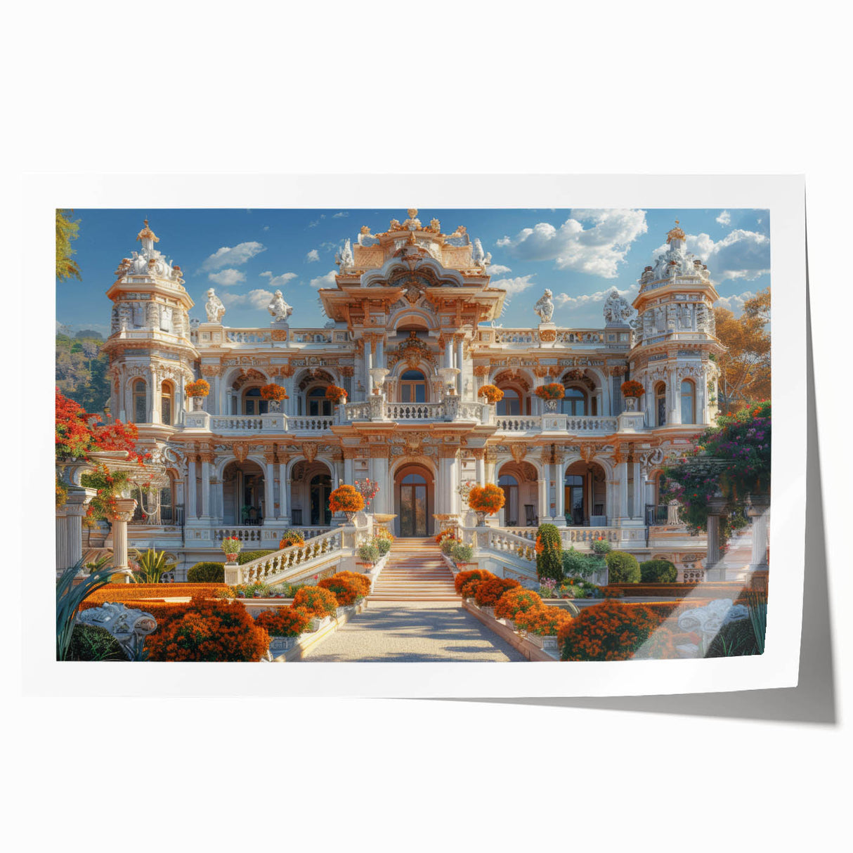 Extra large rolled print of a floral palace design in pastel shades, ideal for art wall dining room.