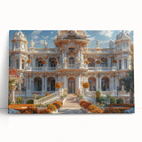 Black and white photo of a leaning architectural structure on stretched canvas, suitable as large art for kitchen or bedroom.