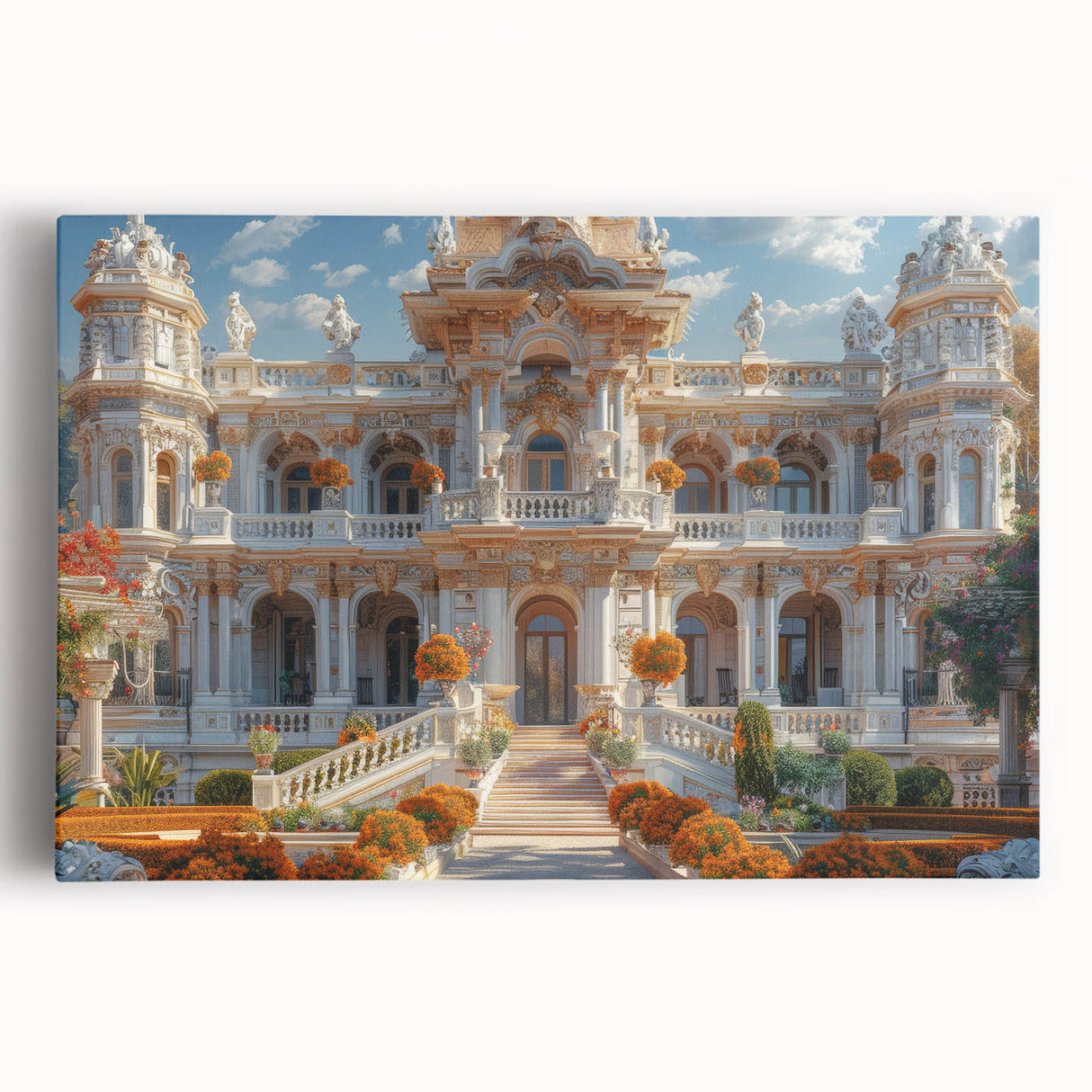 Black and white large art print of a palace architecture on stretched canvas, suitable for kitchen wall art.