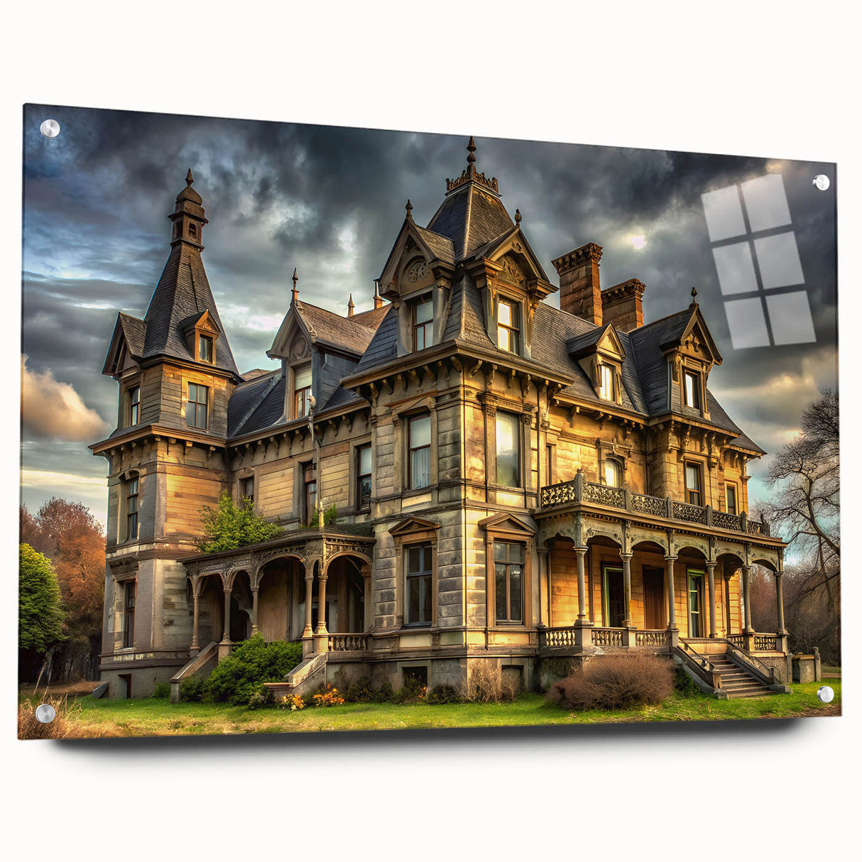 Large abstract wall art of a palace architecture design in neutral tones on acrylic glass.