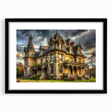 Extra large abstract art print featuring a colorful, textured depiction of a palace, presented in a black frame with mat.