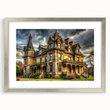Abstract art print of a palace in muted gold and white tones, framed in silver, suitable for dining room decor.