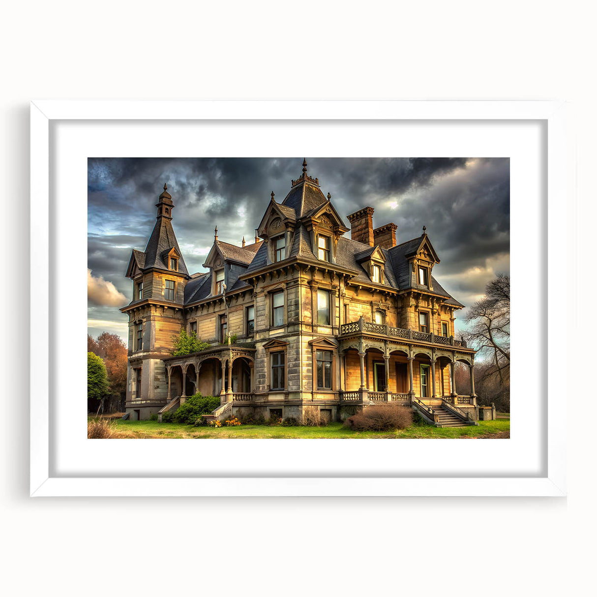 Abstract art print featuring textured patterns in neutral hues, framed in white.