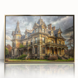 Mid-century modernist art of a palace architecture in gold and black acrylic, framed, suitable for modern art wall decor.