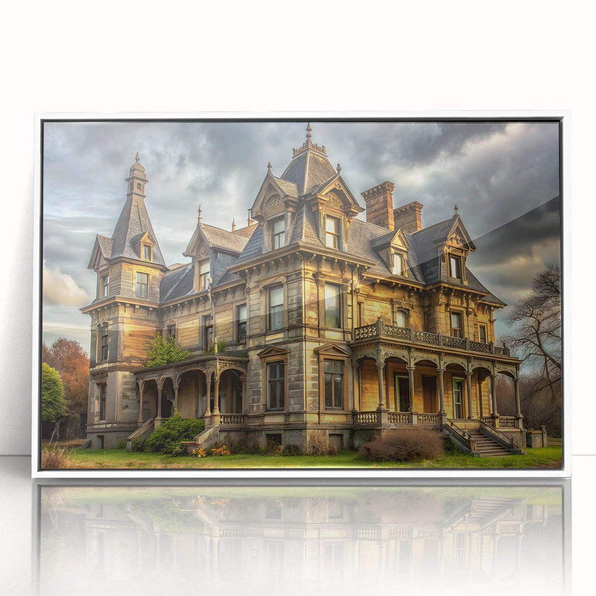 Mid-century modernist palace architecture in muted earth tones, framed acrylic print, suitable for modern art wall decor.