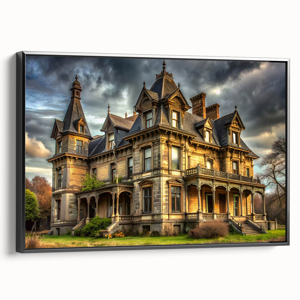 Black and white framed canvas featuring a vintage poster art style landscape, ideal for bedroom decor.