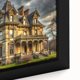 Extra large framed canvas featuring a black palace design with colorful, textured accents, ideal for living room decor.