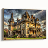 Framed canvas of a vintage-style palace landscape in gold and black tones, ideal for a classic living room decor.