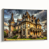 Vintage poster art of a palace in colorful tones on extra large framed canvas, ideal for living room decor.