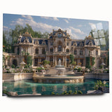 Large abstract wall art on acrylic glass depicting a geometric palace design in muted gray and blue.