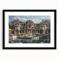 Extra large abstract art print featuring a colorful, textured depiction of a palace, framed in black.