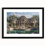 Extra large abstract art print featuring a colorful, textured depiction of a palace, framed in black.