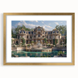 Textured abstract art print depicting a golden palace, in a gold frame with mat, ideal for bedroom art.