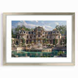Abstract art print depicting a modern palace design in muted gold and white tones, framed in silver.