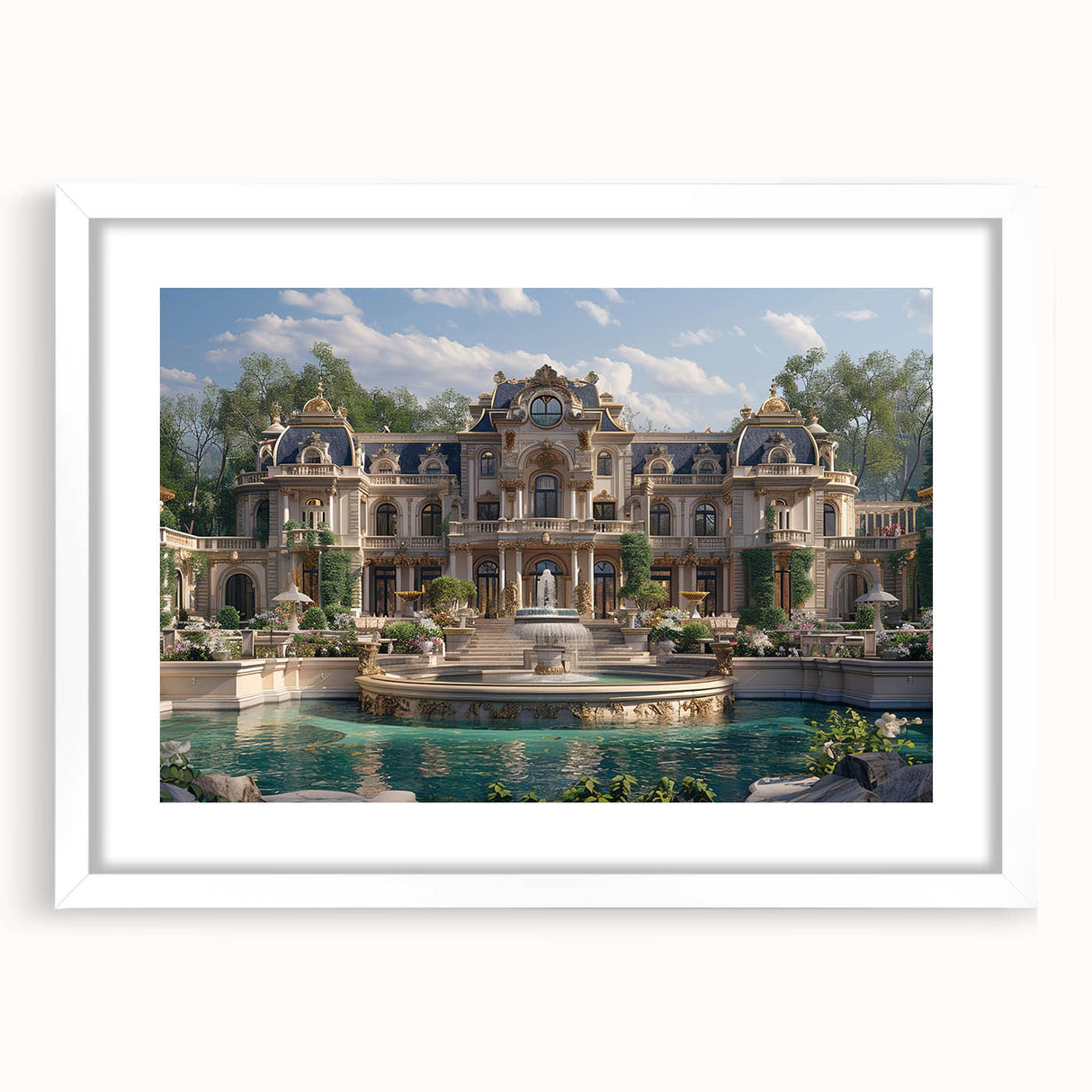 Extra large abstract art print featuring a textured design of a palace in muted earth tones, framed in white.