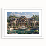 Extra large abstract art print featuring a textured design of a palace in muted earth tones, framed in white.