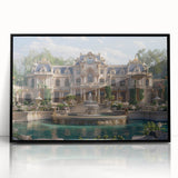 Large abstract wall art depicting a mid-century modernist palace design in black and gray tones on a framed acrylic panel.