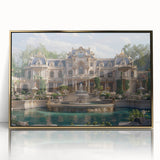 Mid-century modernist art of a palace in gold and white tones on a framed acrylic, suitable for nursery wall decor.