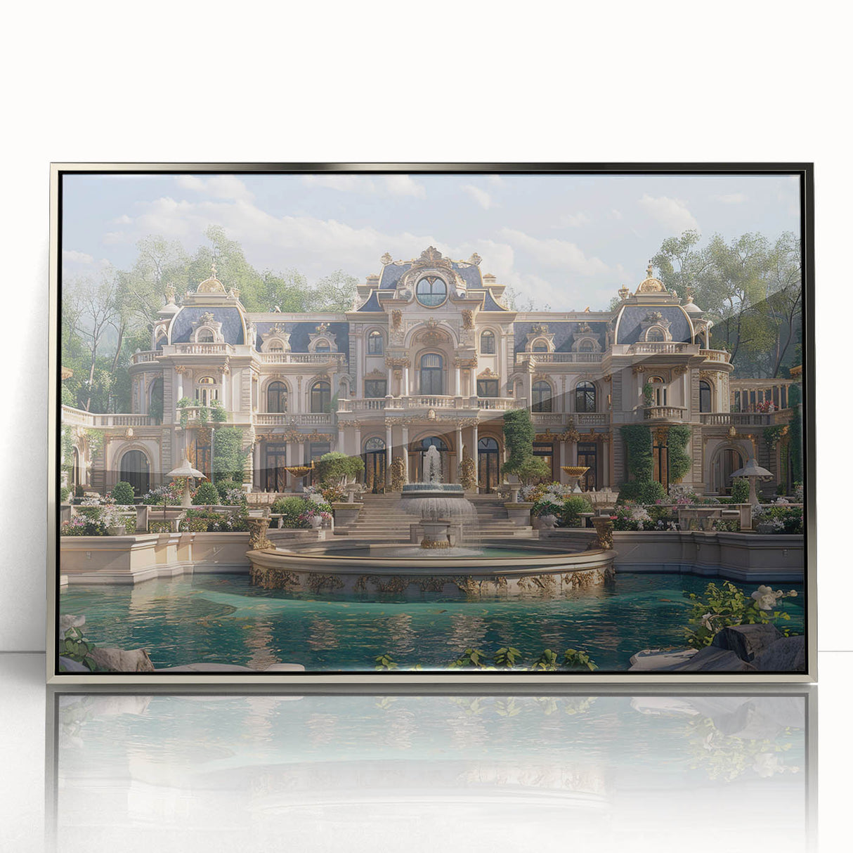 Art Deco style palace architecture depicted in silver and gray tones on a framed acrylic, suitable for modern nursery decor.