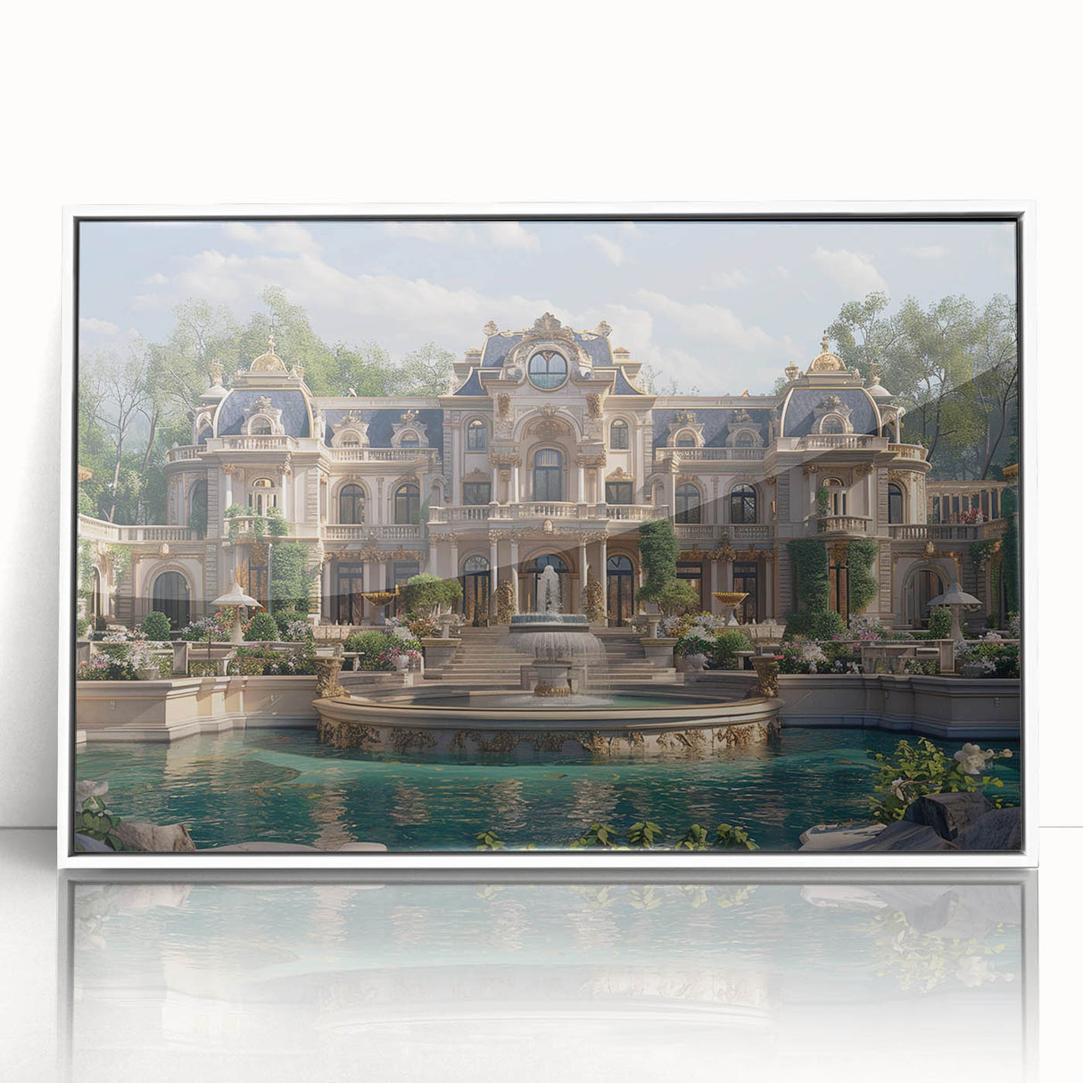 Mid-century modernist palace design in muted earth tones on a large framed acrylic print, suitable for modern art wall decor.