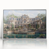 Mid-century modernist palace design in muted earth tones on a large framed acrylic print, suitable for modern art wall decor.