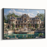 Black and white vintage poster art of a palace on framed canvas, ideal for bedroom wall decor.