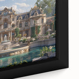 Black wall art featuring a close-up of a palace design on a framed canvas with textured, colorful art accents.