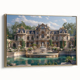 Framed canvas of a vintage-style landscape painting depicting a palace, with a gold frame.