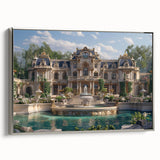 Vintage poster art of a palace design on framed canvas, featuring black and colorful accents.