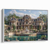 Framed canvas featuring a vintage palace design in black and white tones, ideal for bedroom wall art.