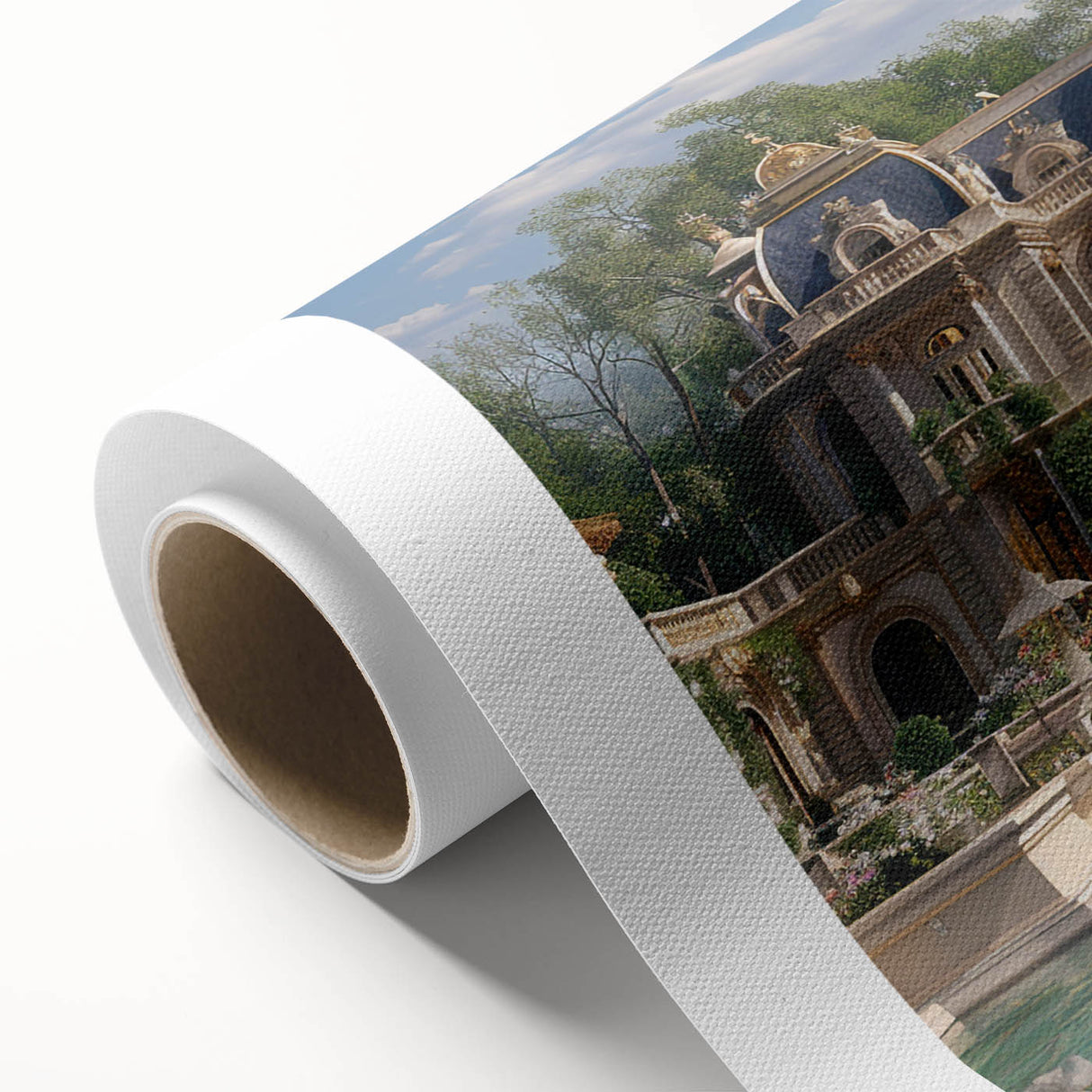 Art deco style poster featuring a palace design in muted gold and blue tones, printed on rolled canvas.