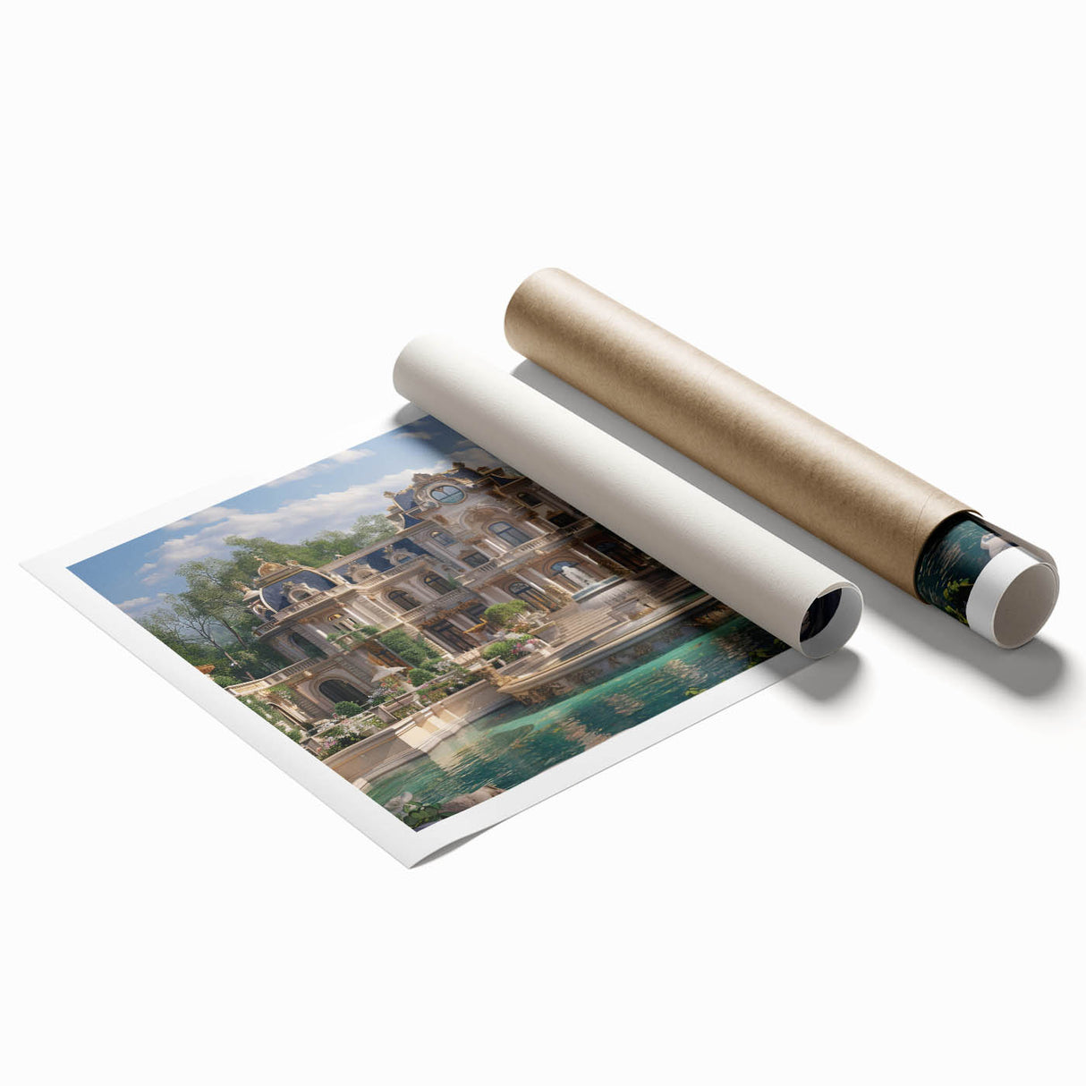 Extra large rolled print of a palace with intricate floral designs in muted earth tones, suitable for classy bathroom decor.