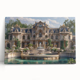 Black and white photo of a leaning palace on stretched canvas, suitable as large kitchen or bedroom wall art.