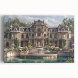 Black and white large art print of a palace architecture on stretched canvas, suitable for kitchen wall art.
