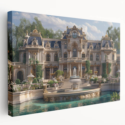 Large stretched canvas featuring a detailed palace architecture design in muted earth tones, suitable for kitchen wall art.