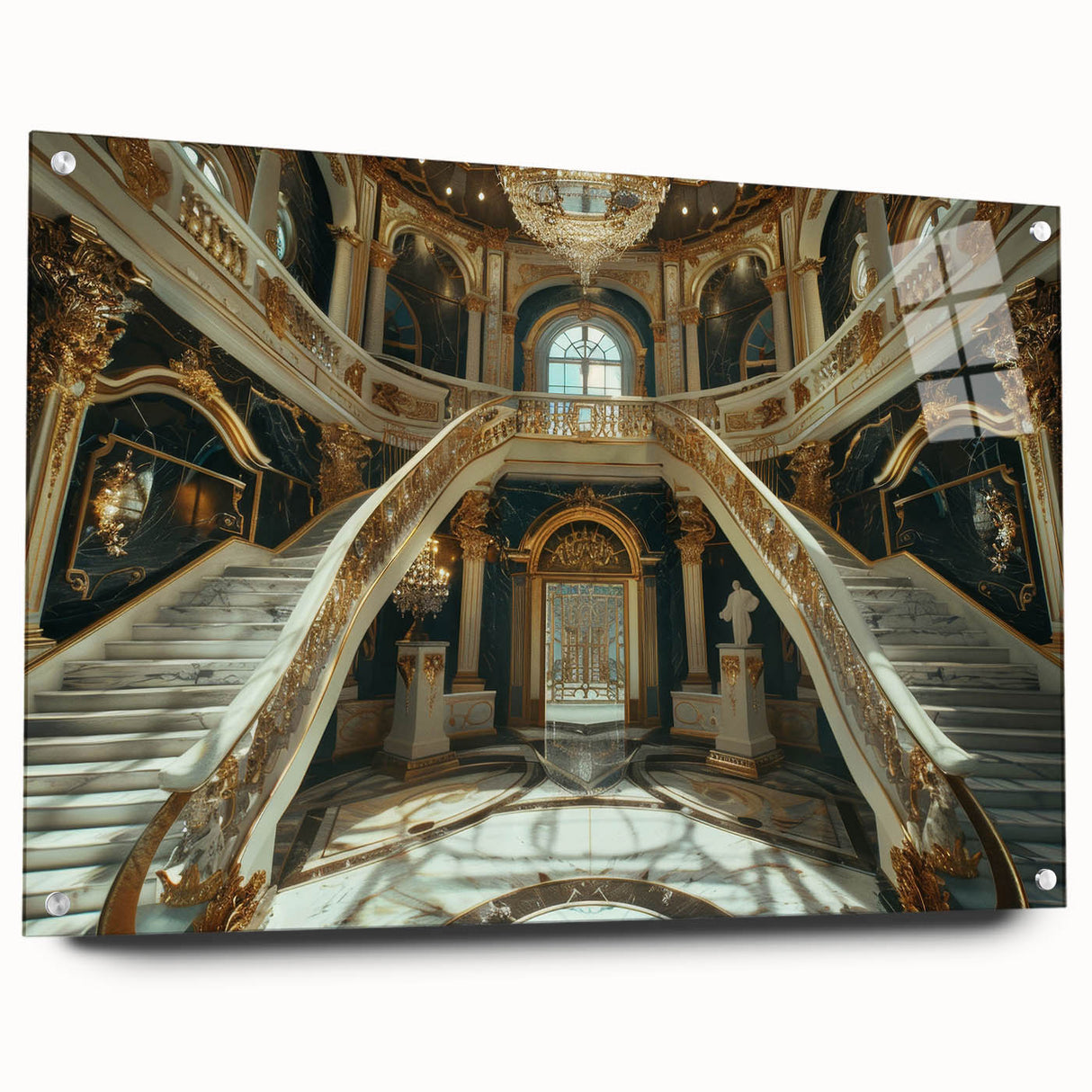 Large abstract wall art on acrylic featuring a geometric palace design in neutral shades.
