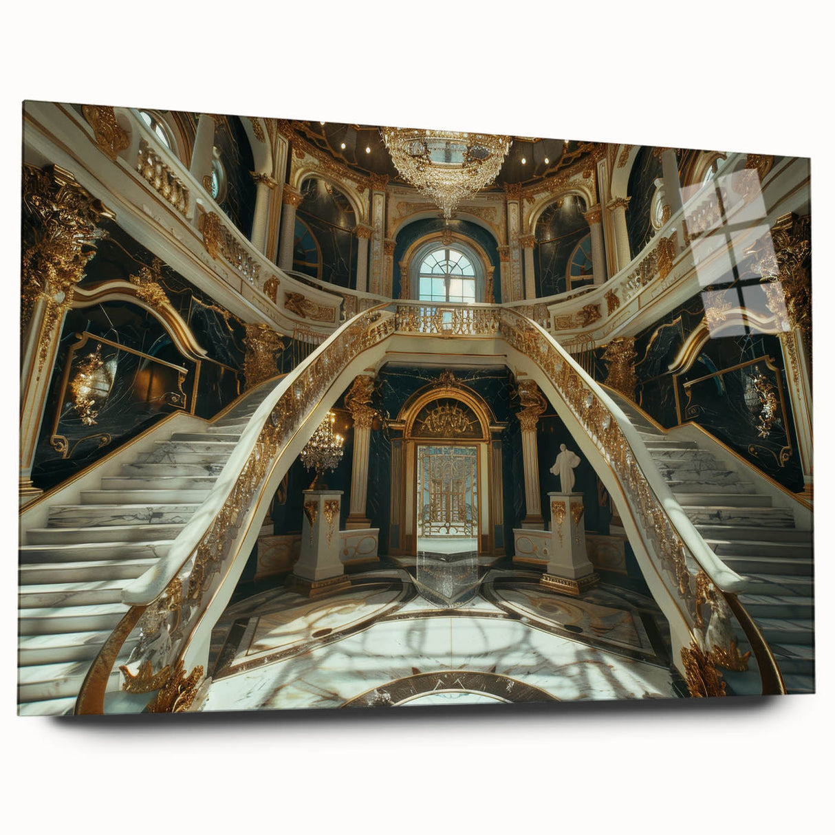Large abstract wall art of a palace design in muted beige and cream tones on acrylic glass.