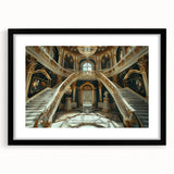 Extra large colorful abstract art print of a palace, featuring a textured design in vibrant hues, framed in black.