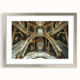 Abstract art print featuring geometric patterns in muted gray and silver tones, framed with a silver mat.