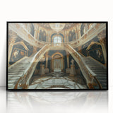 Large abstract wall art of a palace design in muted grays, framed in black acrylic, suitable for modern living room decor.