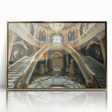 Mid-century modernist art of a palace in muted gold and white tones on framed acrylic, ideal for nursery wall art.