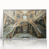 Mid-century modernist large art print of an architectural palace design in muted tones on framed acrylic.