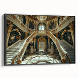 Black and white vintage poster art of a palace, printed on framed canvas, ideal for bedroom wall decor.