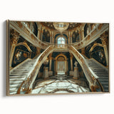 Framed canvas featuring a vintage palace design in a landscape format with colorful art on a black background.