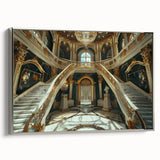 Extra large framed canvas of a vintage palace design in black with colorful accents, ideal for living room decor.