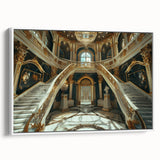 Framed canvas featuring a vintage poster of a palace in black and white, ideal for bedroom wall art.