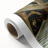 Art deco poster of a geometric palace design in muted gold and white tones on rolled canvas, ideal for nursery wall art.