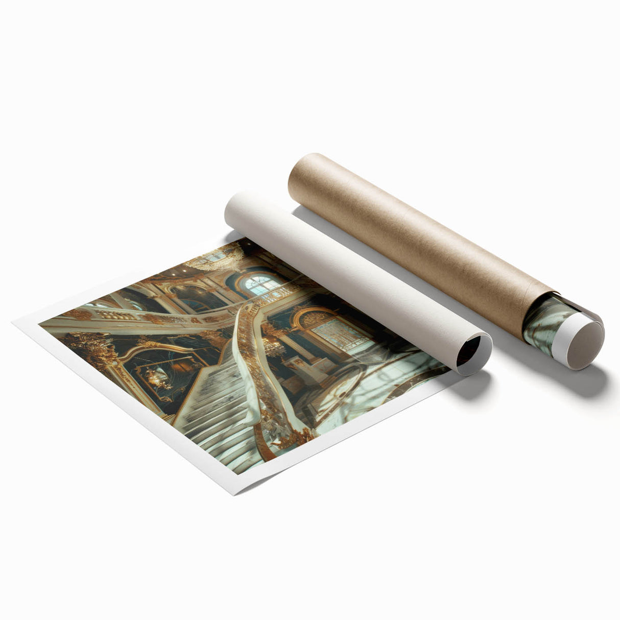 Extra large rolled print of a palace with floral designs in muted tones, ideal for classy bathroom wall art.