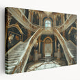 Large art print of a detailed palace architecture on stretched canvas, featuring muted earth tones.