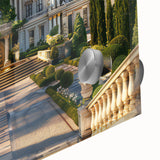 Large abstract wall art print on acrylic glass featuring mid-century modernist architecture in muted earth tones.